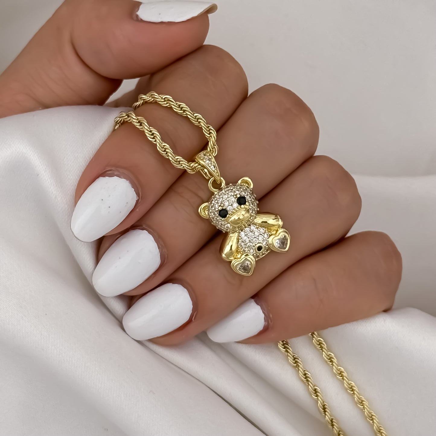Cadena Tejido Lazo de Dama de 45cm de 3mm + Oso Ted con Micro circones en Oro Laminado 18k con Garantia de por vida