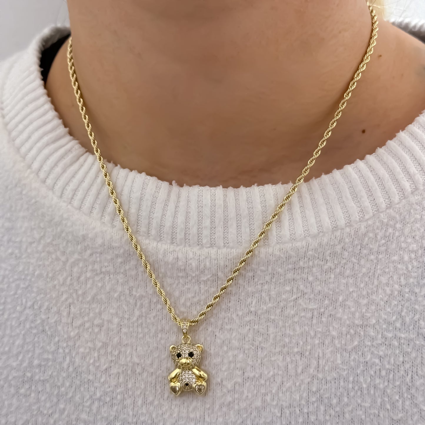 Cadena Tejido Lazo de Dama de 45cm de 3mm + Oso Ted con Micro circones en Oro Laminado 18k con Garantia de por vida