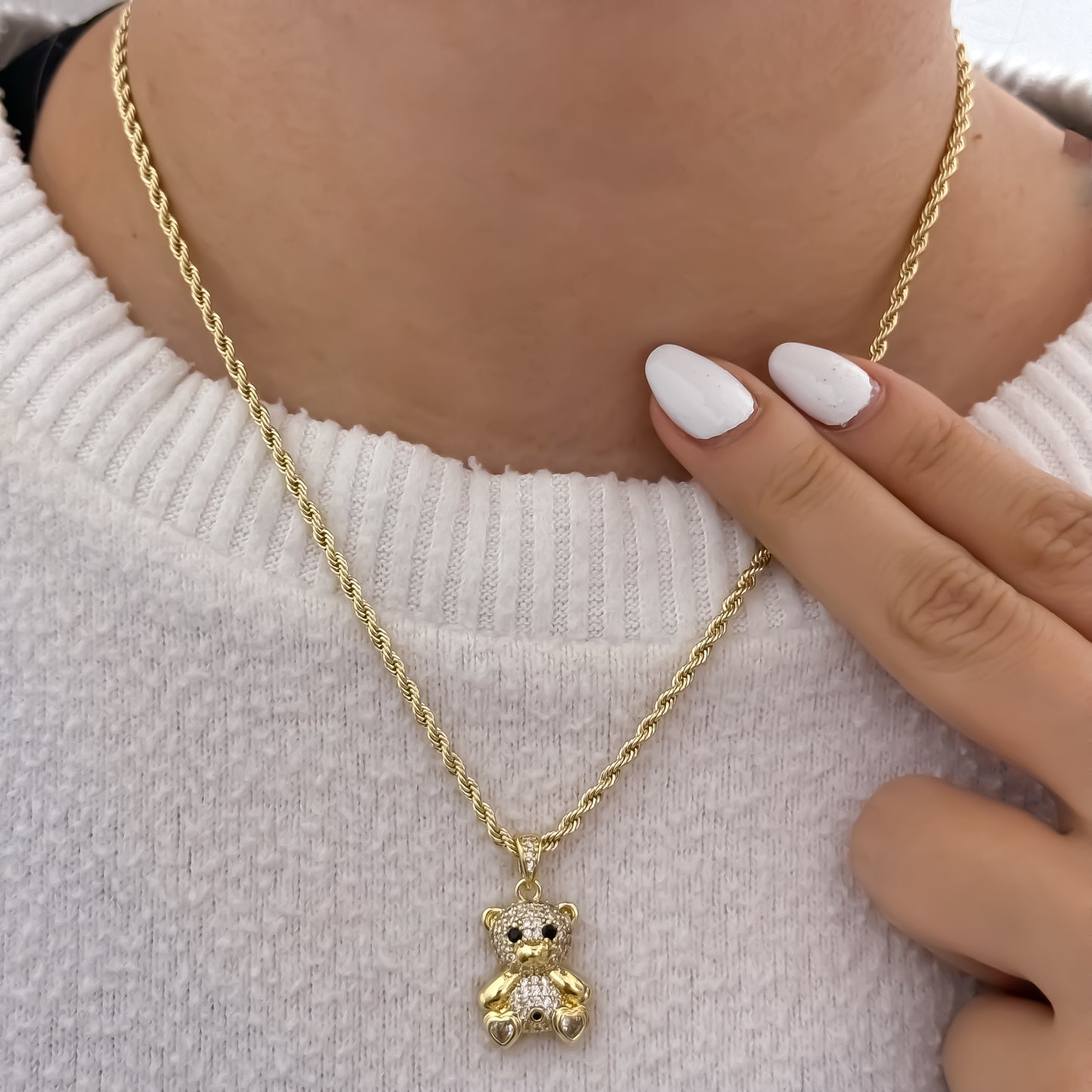 Cadena Tejido Lazo de Dama de 45cm de 3mm + Oso Ted con Micro circones en Oro Laminado 18k con Garantia de por vida