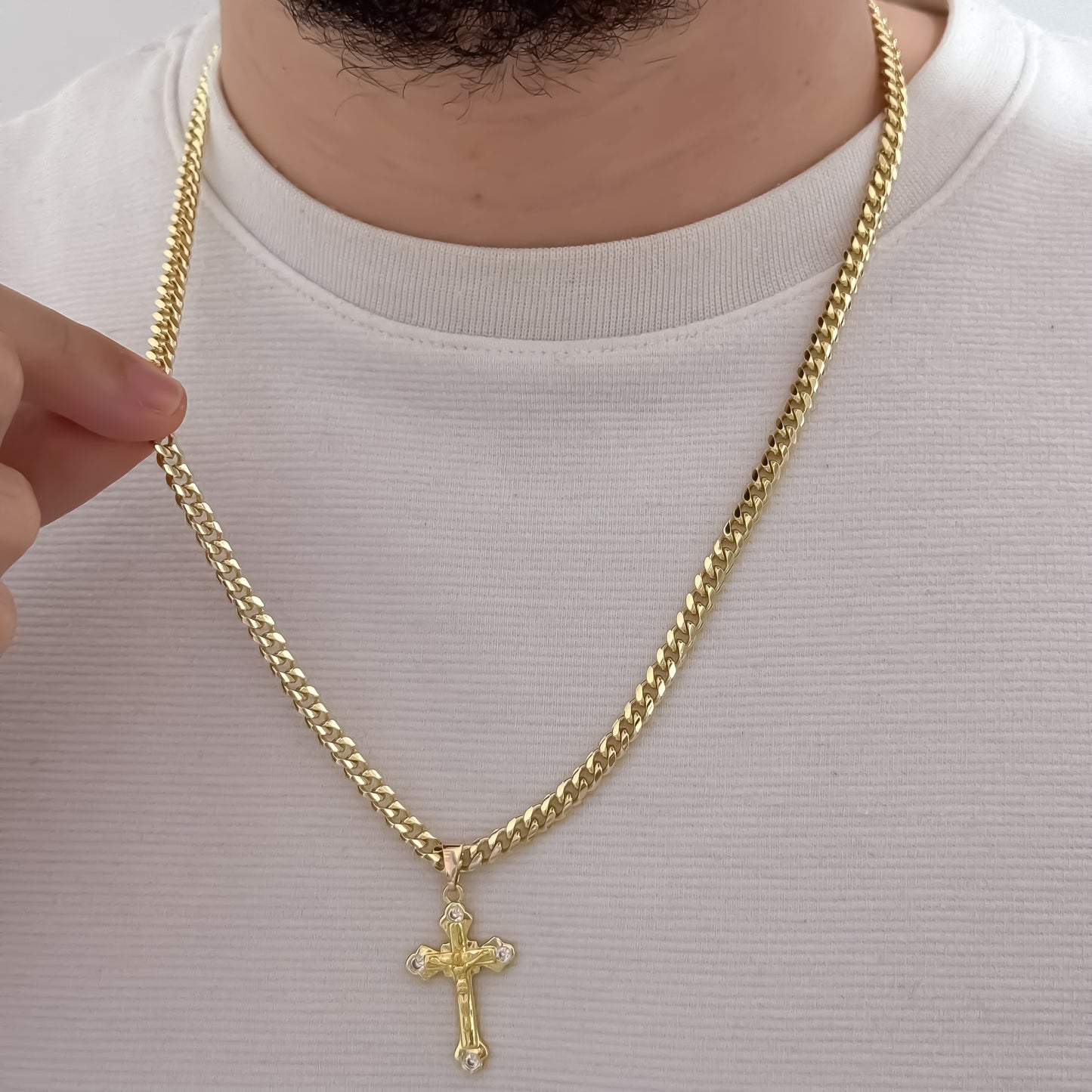 Cadena Cubana de Hombre Rustica de 60cm de 5mm de Grosor Cristo Madero de Jesús en Oro Laminado 18k con Garantía de por vida